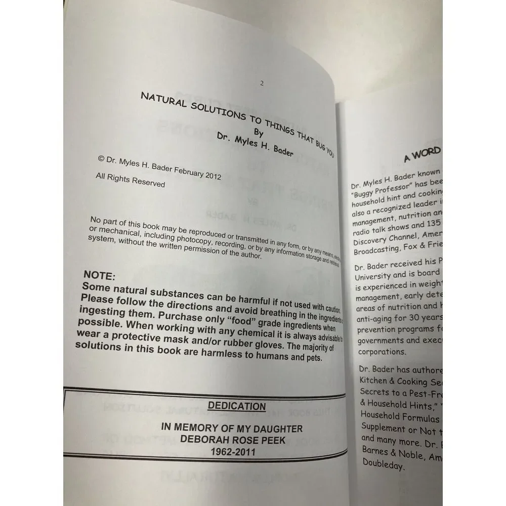 2 Dr Bader's Pest Cures Paperback Book Natural‎ Solutions to Things that Bug You